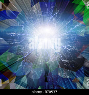 Menschliche Silhouette mit hellem Licht. Farbenfrohe bunte Muster auf einen Hintergrund. Stockfoto