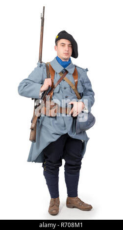 Französischer Soldat 1914 1918 auf weißem Hintergrund Stockfoto