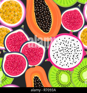 Vektor nahtlose Muster mit tropischen Früchten. Gesunder Nachtisch. Fruchtige Hintergrund. Drachenfrucht, Kiwi, Passionsfrucht, Papaya, Abb. Stockfoto