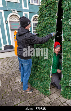 Elektriker errichten und Beleuchtung ein Metall Weihnachtsbaum in Tipperary, County Kerry, Irland Stockfoto