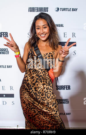 Haleiwa, Hawaii, USA. 6. Dezember 2018. Roxy surfer Kelia (Schwester) Moniz Posen auf dem Roten Teppich vor dem Surfer Poll Awards in der Turtle Bay Resort an der Nordküste in Haleiwa, HI. Credit: Cal Sport Media/Alamy leben Nachrichten Stockfoto