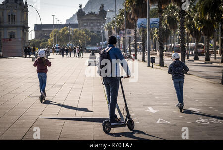 Barcelona, Katalonien, Spanien. 7. Dezember, 2018. Einige Treiber von elektrischen Rochen gesehen, die in ein Rad weg während der Kampagne. Die Stadtverwaltung von Barcelona eine Informationskampagne über Mobilität Fahrzeuge vorgelegt hat. Diese neue Kampagne zielt darauf ab, der Öffentlichkeit zu erklären, die Verpflichtungen in der Fahrt rund um die Stadt mit den beliebten Fahrzeuge, wie zum Beispiel der Skate und die elektrische Fahrrad beteiligt. Credit: Paco Freire/SOPA Images/ZUMA Draht/Alamy leben Nachrichten Stockfoto