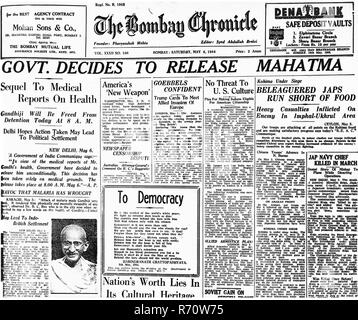 Mahatma Gandhi News auf der Titelseite der Bombay Chronicle Zeitung, Bombay, Mumbai, Indien, Mai 6, 1944, alter Jahrgang 1900er Bild Stockfoto