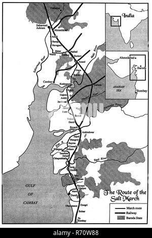 Mahatma Gandhi-salzmarsch-Route, Salzgewälzung, Dandi-Marsch, Indien, 1930, Altes Vintage 1900s Bild Stockfoto