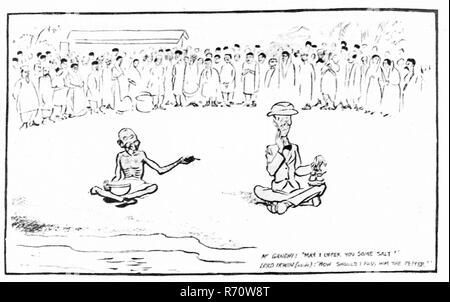 Mahatma Gandhi Salt Agitation Cartoon, Austausch von Gewürzen auf Dandi Seashore, Evening Standard, London, England, UK, 1930, alter Jahrgang 1900er Bild Stockfoto