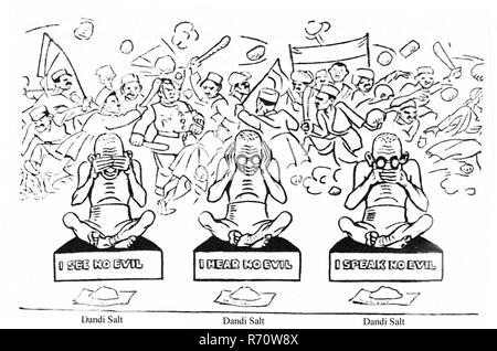 Mahatma Gandhi Salz Agitation Cartoon, die drei Affen, Ich sehe kein Übel, Ich höre kein Böses, Ich spreche kein Böses, Dandi, Indien, 1930, alten Jahrgang 1900s Bild Stockfoto