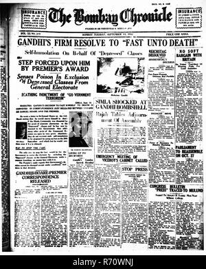 Mahatma Gandhi News auf der Titelseite der Bombay Chronicle Zeitung, Bombay, Mumbai, Indien, September 13, 1932, alter Jahrgang 1900er Bild Stockfoto