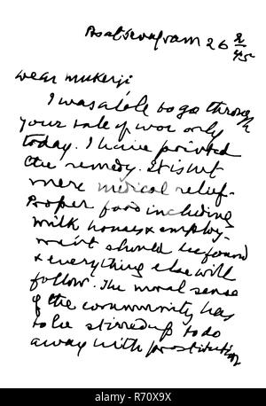 Mahatma Gandhi Hand geschriebener Brief in englischer Sprache an Mukerji, Sevagram Ashram, Wardha, Indien, Februar 26, 1945, alter Jahrgang 1900er Bild Stockfoto
