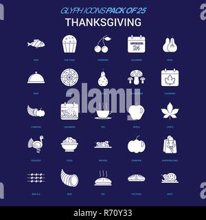 Thanksgiving Symbol in Weiß auf blauem Hintergrund. 25 Symbol Pack Stock Vektor