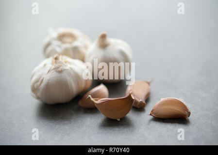 Knoblauchzehen und Zwiebel mit Kopie Raum auf dunklem Hintergrund. Stockfoto