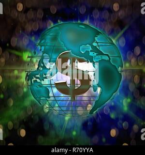 Moderne Kunst. Golden Dollar Zeichen in der Welt. Stockfoto