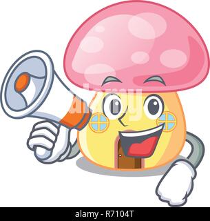 Mit megafon Haus Pilz auf Maskottchen isoliert Stock Vektor
