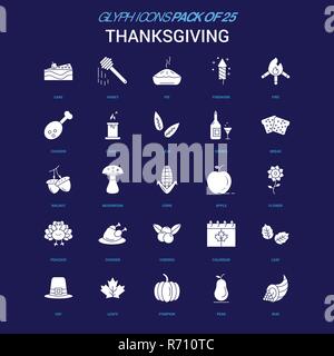 Thanksgiving Symbol in Weiß auf blauem Hintergrund. 25 Symbol Pack Stock Vektor