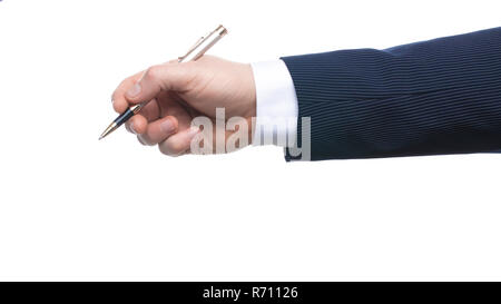 Hand pen Draufsicht Schrift auf weißem Hintergrund Stockfoto