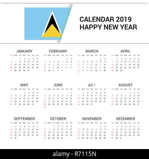 Kalender 2019 Saint Lucia Flagge Hintergrund. Englische Sprache Stock Vektor