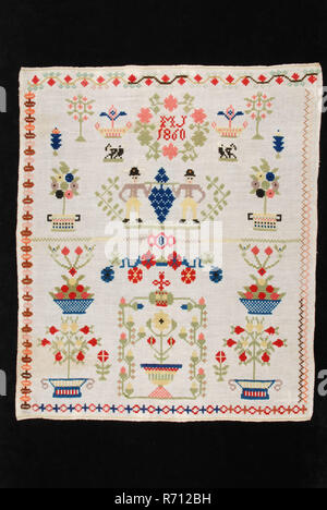 Große sampler arbeitete in Kreuzstich mit farbiger Wolle auf grobe Leinwand von gebleichte Baumwolle, markierte MJ 1860, Übung, sampler Stickereien Handarbeit bilder Watte, Textil stickerei Kreuzstich Wandteppich großes Stück grobe Gewebe gebleichte Baumwolle gekrönt und unter Kreuzdreher mit gewebten hart Gelb und beige Streifen und die linken und rechten Saum Rand von 0,6 cm. Das Stück ist in einem Kreuz gestickter-Heften mit Wolle in den Farben hell rosa rosa rosa Lachs beige beige Dunkelbraun Grau Schwarz weiß rot orange rot Hellgrün Olivgrün in hellem Gelb und Dunkelblau. Die rag hat symmetrische La Stockfoto