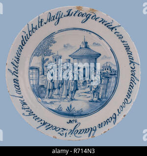 Jakob Schut, Delfter Blau, Platte mit dem Auge und Geschmack von Wald und Blatt zufrieden; So melden es ist das Doppelte Aatje, AA auf dem Deckel der Tonne, Platte Geschirr halter Keramik Steingut Glasur Glasur, gebackene Zinn bemalt verglaste runde Platte schrägen Kante drei prun druckt Oberkante blau Unterglasur gemalt: Virginia Delfter Blau Tabak Handel Tabak Shop Interior Stockfoto