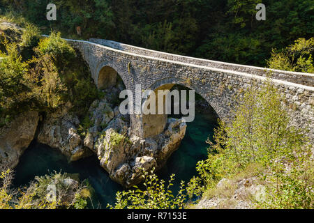 Bogenbrücke, alte steinerne Brücke Danilo Brücke über die Schlucht des Flusses Mrtvica, Mrtvica, nahe Kolasin, Montenegro Stockfoto