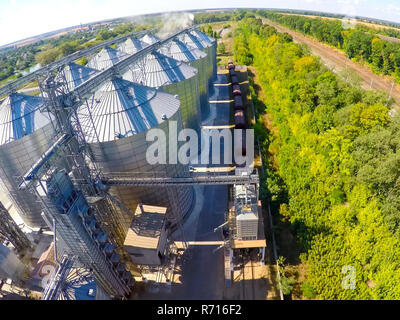 Flug der Grain Terminal von der Drohne. Das Korn Anlage für die Lagerung und Trocknung von Getreide. Getreide Terminal. Anlage zur Trocknung und Lagerung von Reis in der Mitte der Felder Stockfoto