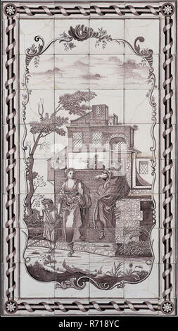 Fliesen Hersteller: Atelier J. Aalmis, Verwijk (1790 - 1843), Lila fliesen Bild in Metallrahmen, Mann (Abraham), der Frau (hagar) und Kind (Ismael). Vor dem Haus, die Ablehnung der Hagar, Fliesen bild Material Keramik Steingut Glasur Metall, gebackene 2 x Glasierte lackiert Acht hoch vier breit mit Rand Kachel auf allen Seiten Gelb shard Aalmis Aelmis Barendrecht Religion Bibel Altes Testament Genesis 21:14 Rokoko aus Bauernhaus in Rodenbach. Stockfoto
