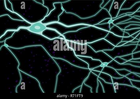 Nerv celles mit Axone, Vector Illustration, Hellblau auf schwarzem Hintergrund Stock Vektor
