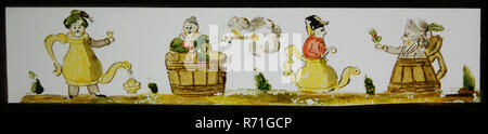 Handbemalte Laterne Platte mit Karikaturen, slideshelf slideshare Bilder Glas Papier, handbemalte Folien mit oberen und unteren Kanten der weiß-rot-karierten Papier. Bild von vier Karikaturen: Auf der linken Seite man in der Kaffeekanne, die Schale in der Hand und gleichzeitig gießen Likör; Frau Feuern Waffe im Waschzuber; der Mensch in der Teekanne; auf der rechten Seite Frau in Bierkrug Blumen für den Mann im Teekanne Optik Laterna magica Laterna Magica dia Spielzeug projizieren Stereotyp Stockfoto