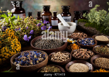 Kräuter, Beeren und Blumen mit Mörtel, Holz Tisch Hintergrund Stockfoto