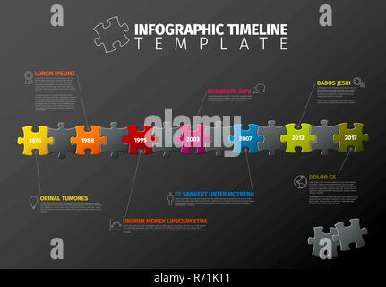 Vektor puzzle Infografik timeline Berichtvorlage aus bunten Jigsaw Pieces, Symbole und Beschreibung Text - dunkle Version vorgenommen. Stock Vektor
