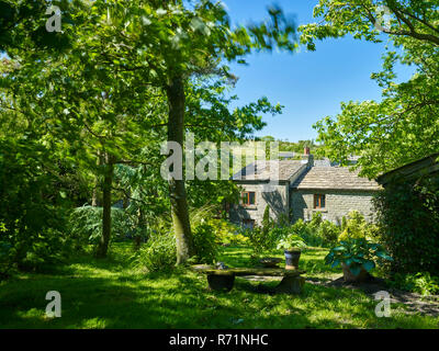 Bewerley, Nidderdale, North Yorkshire, UK. 17. Juni 2017. Traditionelle Yorkshire Dales kleinfarm Cottage aalt sich in der Sonne mit den wolkenlosen blauen Himmel. Stockfoto