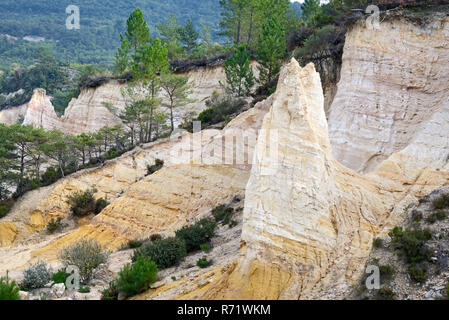 Landschaft von hellem Ocker oder Ocker Aufschlüsse in einem Gebiet wie Colorado bekannt en Provence bei Rustrel im Regionalpark Luberon Provence Frankreich Stockfoto