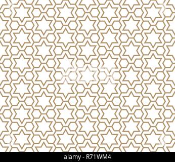 Nahtlose Muster in goldenen und weißen in die durchschnittliche Dicke Linien. Der sechszackige Sterne und Sechsecke. Stock Vektor
