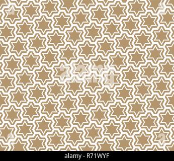 Nahtlose Muster in gold Hintergrund und weißem durchschnittliche Dicke Linien. Der sechszackige Sterne und Sechsecke. Stock Vektor