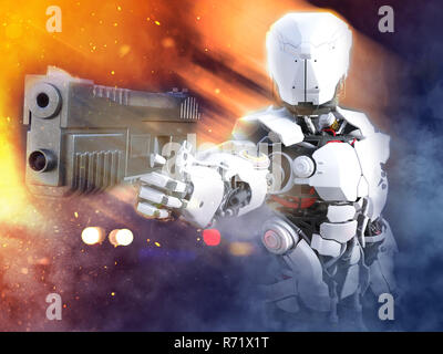 3D-Rendering eines futuristischen Roboter hero cop Holding gun. Stockfoto