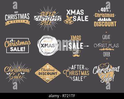 Frohe Weihnachten Verkauf Overlays. Neues Jahr Rabatte Anführungszeichen gesetzt. Lustige xmas Typografie kunst Trend Farben. Vektor Illustration auf dunklem Hintergrund isoliert Stock Vektor