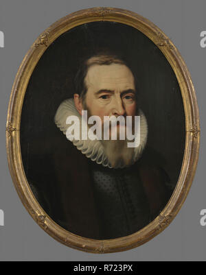 Kopieren nach: Michiel Jansz. van, Portrait von Johan van Oldenbarnevelt, Portrait Malerei visuelles Material Holz Oil Panel, ovale Portrait von Mann, Johan van Oldenbarnevelt versicherten: von Rotterdam Rat Mitglied der Holland Borstbeeld Blick nach rechts. Bart Mühlstein kragen Gehäuse dunklen Mantel mit Fell. Inschrift auf der Vorderseite links Mitte: aetatis 68 Ao 1617 Johan van Oldenbarnevelt Rotterdam Versicherten: Stockfoto