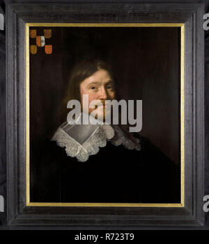 Abraham de Vries, Portrait von Hendrik Rammelman (? -1658), Portrait Malerei visuelles Material Holz Öl, stehend rechteckigen Porträt des Menschen, Hendrik Rammelman (? -1658) Bürgermeister von Rotterdam Ehemann von Maria van Hogendorp Ehe 1640 Büste für Rechts. Sikje Schnurrbart weiße Kragen mit Wellenschliff Spitzenkante dunklen Kleid. In der linken oberen Ecke fünf kleine Familie Arme über Rammelman in Rot drei goldene Links schrägen Balken rechts oben Van Hogendorp in Silber Mühlrad mit 16 Schaufeln links und Square durchbohrt Nabe in der Mitte lackiert die Allianz Waffe von beiden, Hendrik Rammelman 16. Stockfoto