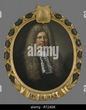 Pieter Van der Werff, Portrait von Jakob Dane (1638-1699), Porträt Malerei visuelles Material Leinen Öl Gemälde Leinwand, ovale Portrait von Mann, Jakob Dane VOC-Direktor auf halbem Weg stehen auf der rechten Seite zu Gesicht. Grau allonge Perücke. Durchbrochene Spitze Bänder dunklen Kleidungsstück Frontside tuch Mitte links: S. v. Werff fecit Anno 1700 Dutch East India Company VOC Rotterdam Boompjes Dreieck Gouverneur Kralingen dieses Portrait ursprünglich in der Oost-Indischhuis am Boompjes in Rotterdam aufgehängt. Stockfoto