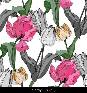 Vektor Tulip graviert Tinte Art Floral botanischen Blume. Nahtlose Muster. Stofftapeten drucken Textur. Stock Vektor
