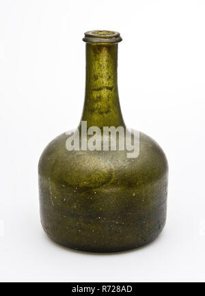 Grün zylindrische Flasche, stämmigen Modell, Flaschenhalter Boden finden Glas, geblasen Flasche mit zylindrischen Bauch und Hals gerade Hügel geformt Seele Archäologie Verpackung Stockfoto