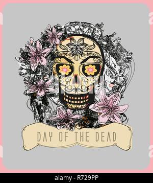 Schädel und Blumen Day of The Dead Stock Vektor