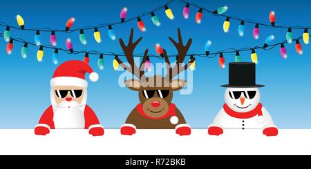 Süße rentier Weihnachtsmann und Schneemann cartoon mit Sonnenbrille und Weihnachten Lichterketten Vektor-illustration EPS 10. Stock Vektor