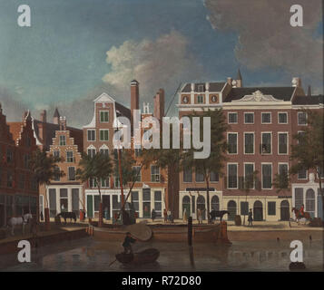 : Pieter Tiele von Jan ten Compe?, Ansicht der Nieuwehaven, Nordseite, Rotterdam, stadtbild Malerei visuelles Material Holz Öl, Stadt Rotterdam. Öl auf Leinwand Ansicht auf der nördlichen Kai im Vordergrund Häuser der Slepersvest die schmale Gasse oder Korridor zwischen dem Haus mit der aus dem 17. Jahrhundert Stufengiebel links und rechts des Hauses mit der aus dem 18. Jahrhundert Frame ist der Zevenhuissteeg Inschriften in der Malerei: Balijnen Englisch Hersteller Stadtbild Topografie Rotterdam Stadscentrum Stadsdriehoek Nieuwehaven Stockfoto