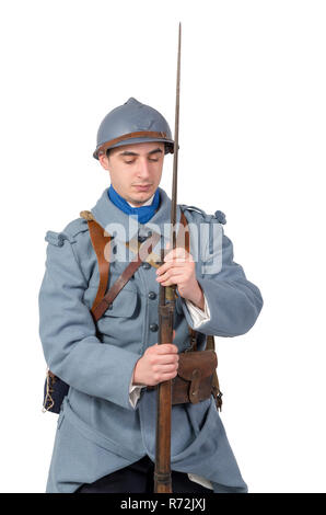 Französischer Soldat 1914 1918 auf weißem Hintergrund Stockfoto