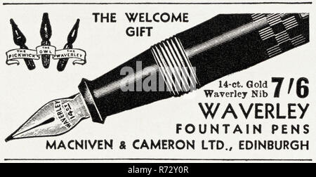 Original 30er Vintage alte drucken Werbung von 30 s englische Magazin Werbung Waverley Goldfeder Füllhalter von Macniven & Cameron Ltd, Edinburgh, Schottland Großbritannien ca. 1932 Stockfoto