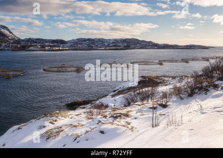 Lachszucht in norwegischen Fjord, malerische Winterlandschaft, Lofoten, Norwegen Stockfoto