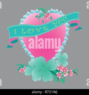 Zarte, schöne Grußkarte, Banner. Die Aufschrift "Ich liebe dich". Herz in Blumen . grau. Vektor, Stock Vektor