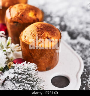 Traditionelle Weihnachten Panettone mit Rosinen und getrocknete Früchte auf weißem Servierteller mit Schnee im Hintergrund. Platz crop. Stockfoto