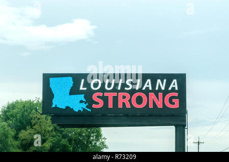 Ein Schild erinnert Bewohner von Louisiana nach einem Hochwasser, 12.08.25, 2016, Gonzales, Louisiana stark zu bleiben. Stockfoto