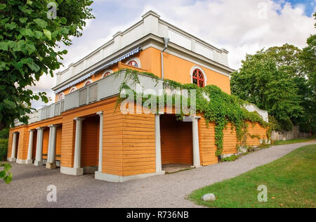 Traditionelle alte Haus in Skansen, das erste Open-air Museum und Zoo, auf der Insel Djurgården in Stockholm, Schweden. Stockfoto