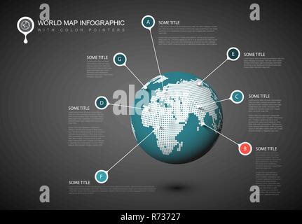 Welt Karte Globus mit Zeiger markiert - dunkle Version teal und rote Vorlage Stock Vektor